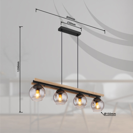 Závesné svietidlo, čierny matný kov, tmavohnedé drevo, sklo dymovej farby, čierny PVC kábel, možnosť 15
