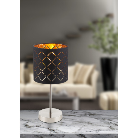 Stolová lampa, kov nikel matný, textil čierny a zlatý, tienidlo s ozdobným dierovaním, kábel 1,5m, v 4