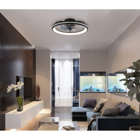 Stropný ventilátor, kov čierny matný, akryl biely, plast dymový, stmievateľný, niekoľko úrovní cez n 14