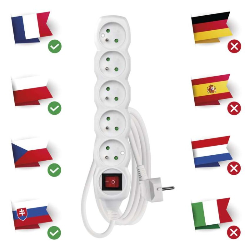 Predlžovací kábel 3 m / 5 zásuviek / s vypínačom / biely / PVC / 1,5 mm2 1