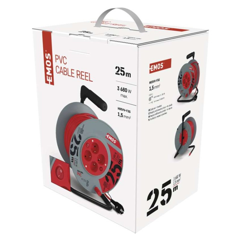 Predlžovací kábel na bubne 25 m / 4 zásuvky / s vypínačom / červený / PVC / 230V / 1,5 mm2 1