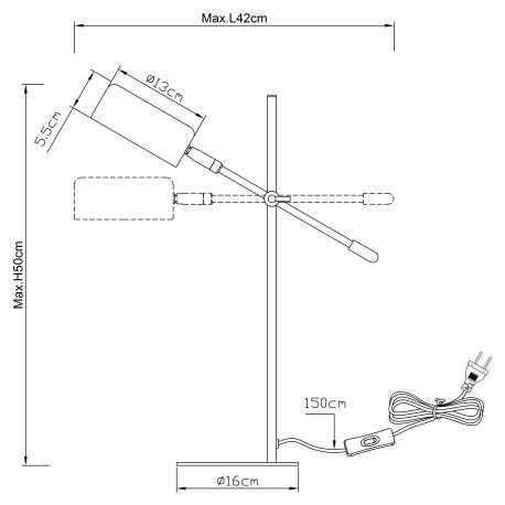 Stolová lampa, kov chróm, plast satinovaný, nastaviteľné pomocou kĺbu, kábel 1,5m, vypínač, DxŠxV:42 16