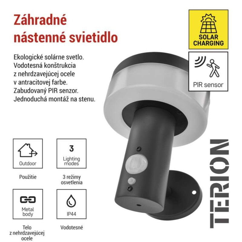 LED záhradné solárne nástenné svietidlo TERION, senzor súmraku, 12,5 x 14,7 x 14,2 cm 2