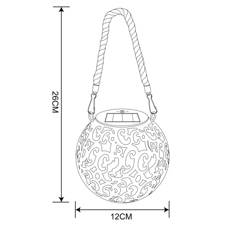 Solárne svietidlo, kov sivý, antik, kov medený, plast čierny, konopné lano, vypínač, akumulátor AAA 6