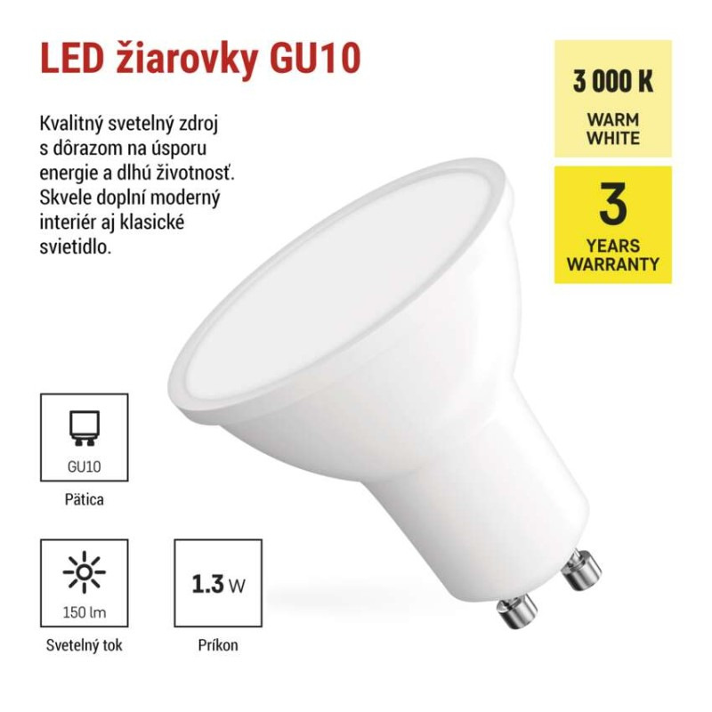 LED žiarovka Classic MR16 biela/ GU10 / 1,3 W (16 W) / 150 lm / Teplá biela 1