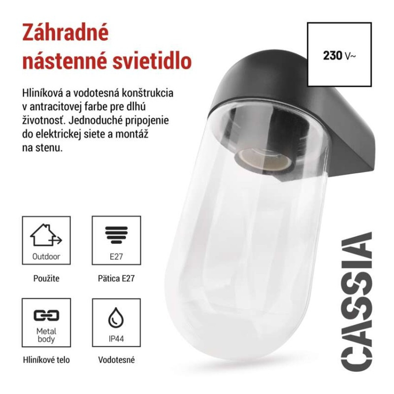 Záhradné nástenné svietidlo CASSIA, 12,6 x 9,5 x 22,2 cm, 1 x E27, 15 W 2