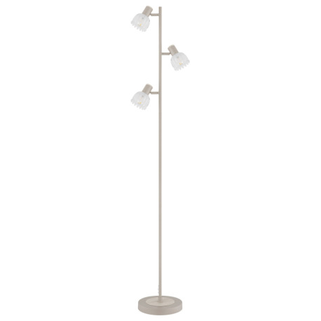Stojacia lampa, kov matnej pieskovej farby, kov s imitáciou dreva, saténové sklo, kábel PVC čierny, 12