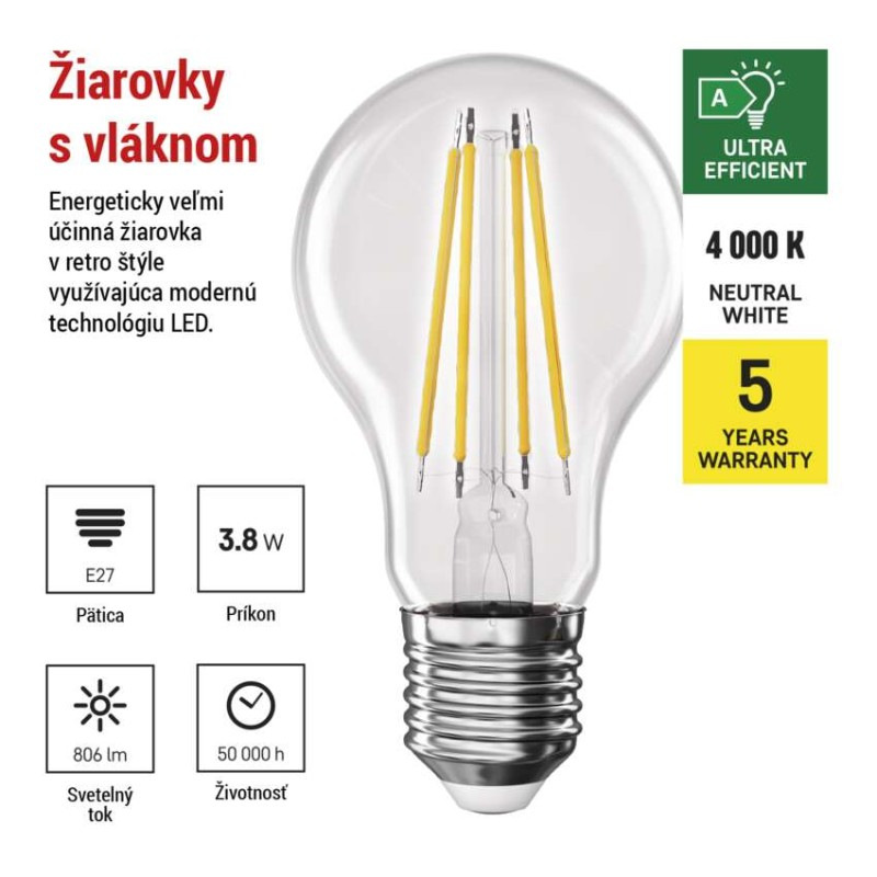 LED žiarovka Filament A60 A CLASS/ E27 / 3,8 W (60 W) / 806 lm / neutrálna biela 1