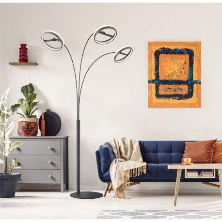 Stojacia lampa, kov čierny matný, hliník sivý tmavý, plast biely, plastové kryštály číre, dotykové z 10