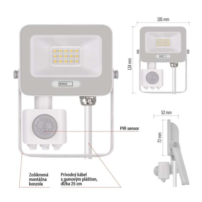 LED reflektor GLARO s pohybovým čidlom, 10 W, biely, IP54, 1000 lm, neutrálna biela 10
