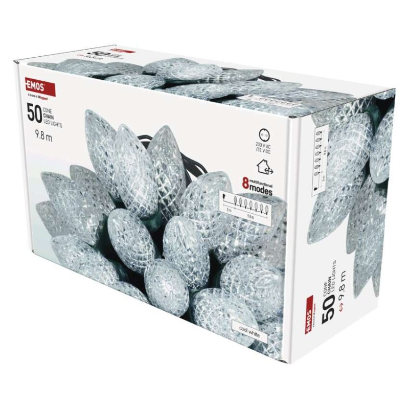 LED vianočná reťaz – šišky, 9,8 m, vonkajšia aj vnútorná, studená biela, programy