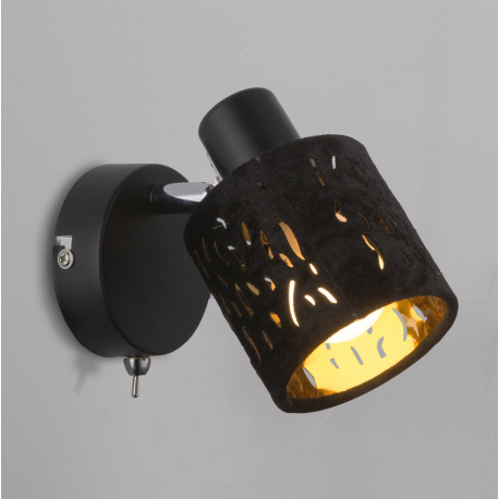 Nástenné svietidlo, kov čierny, kov chróm, zamat čierny, tienidlo s dekorom, z vnútra zlaté, vypínač 5