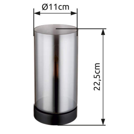 Stolová lampa, kov čierny matný, sklo dymové, kolískový vypínač na kábli, ø:110 mm, V:225 mm, dĺžka 8