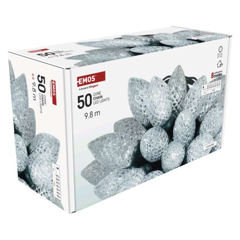 LED vianočná reťaz – šišky, 9,8 m, vonkajšia aj vnútorná, studená biela, programy 8