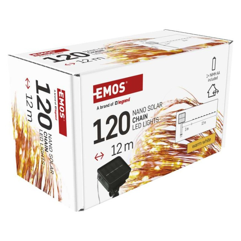 LED nano reťaz so solárnym panelom, medená, 12 m, vonkajšia aj vnút., teplá biela, časovač 10