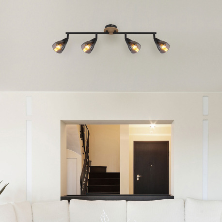Stropné svietidlo, bodové, kov čierny matný, drevo hnedé, sklo dymové, nastaviteľné, DxŠxV: 600x100x 8