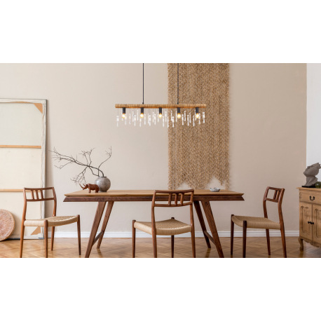 Závesné svietidlo, kov čierny, drevo hnedé, sklenené krištále, textilný čierny kábel, DxŠxV:900x60x1 1