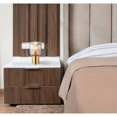 Stolná lampa kov mosadzná farba, dymové sklo, textilný kábel čierny, kolískový vypínač na kábli, ø: 7