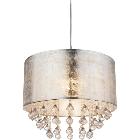 Závesné svietidlo, kov nikel matný, plast, textil strieborný, akrylové krištále priehľadné, ø 400, V 8