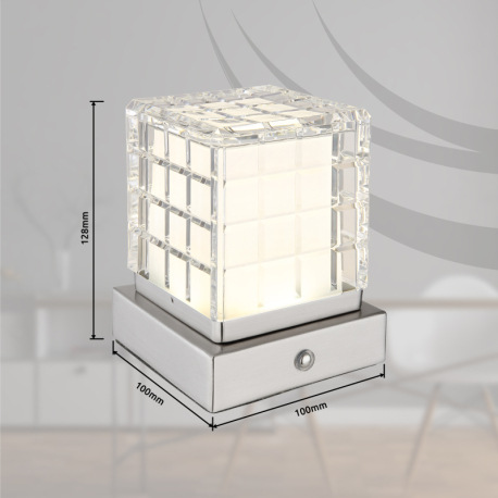 Nabíjateľná stolová lampa, kov nikel,akryl číry, satinovaný povrch, biely PVC kábel, dotykové zapnut 14