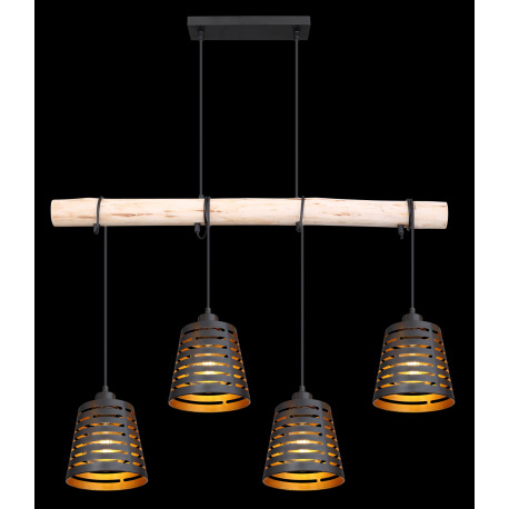 Závesné svietidlo, drevo, kov čierny a zlatý, DxŠxV: 850x170x1200, bez žiaroviek 4xE27, max. 60W 230 15