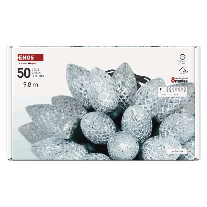LED vianočná reťaz – šišky, 9,8 m, vonkajšia aj vnútorná, studená biela, programy 6