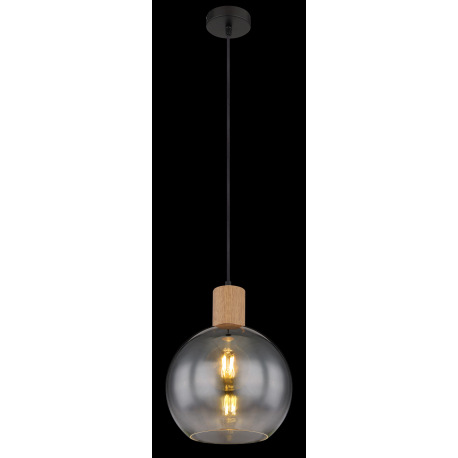 Závesné svietidlo kov čierny matný, MDF, imitácia tmavého dreva, dymové sklo, textilný kábel čierny, 13