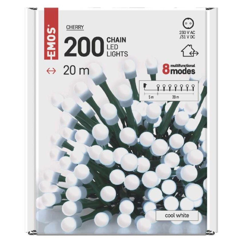 LED vianočná cherry reťaz – guličky, 20 m, vonkajšia aj vnútorná, studená biela, programy 6