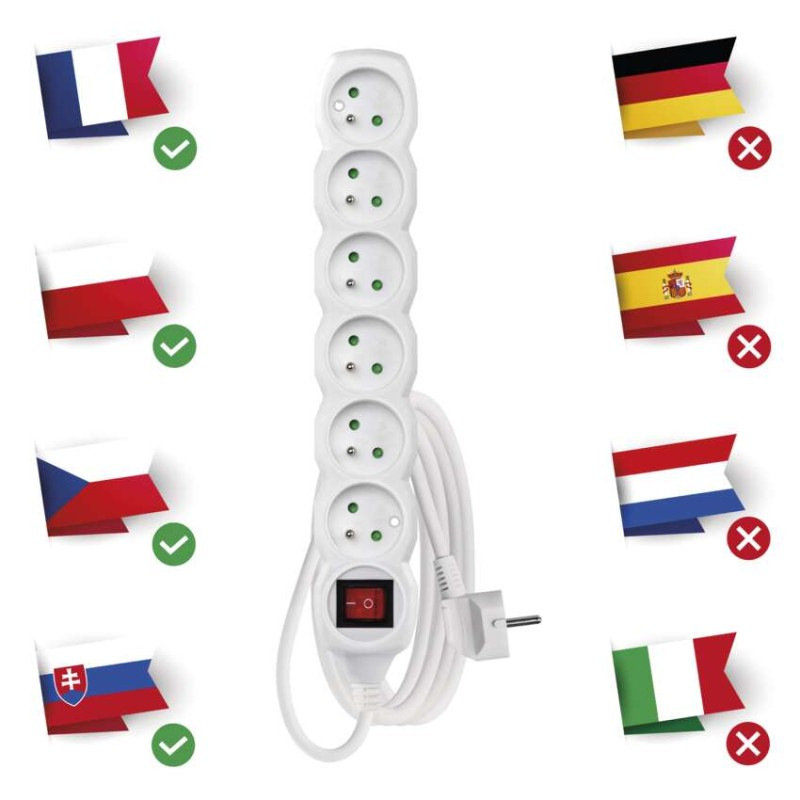 Predlžovací kábel 3 m / 6 zásuviek / s vypínačom / biely / PVC / 1,5 mm2 1