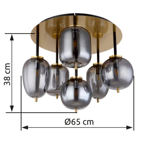 Stropné svietidlo, kov čierny, mosadz, dymové sklo, ø: 650mm, V:380mm, bez žiaroviek 6x E14, max. 40 10