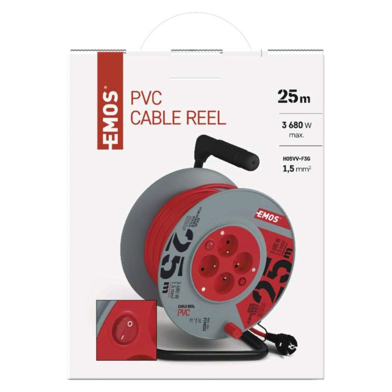 Predlžovací kábel na bubne 25 m / 4 zásuvky / s vypínačom / červený / PVC / 230V / 1,5 mm2 10
