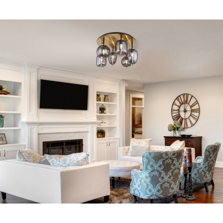 Stropné svietidlo, kov čierny, mosadz, dymové sklo, ø: 650mm, V:380mm, bez žiaroviek 6x E14, max. 40 6