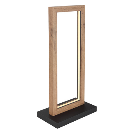 Stolná lampa kov čierna matná, MDF imitácia dreva, plast biely, kábel PVC čierny, vypínač na kábli,