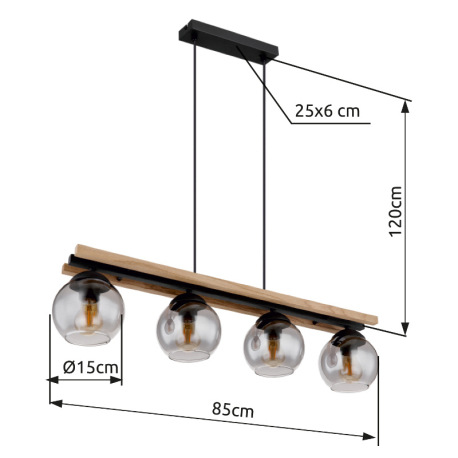 Závesné svietidlo, čierny matný kov, tmavohnedé drevo, sklo dymovej farby, čierny PVC kábel, možnosť 16