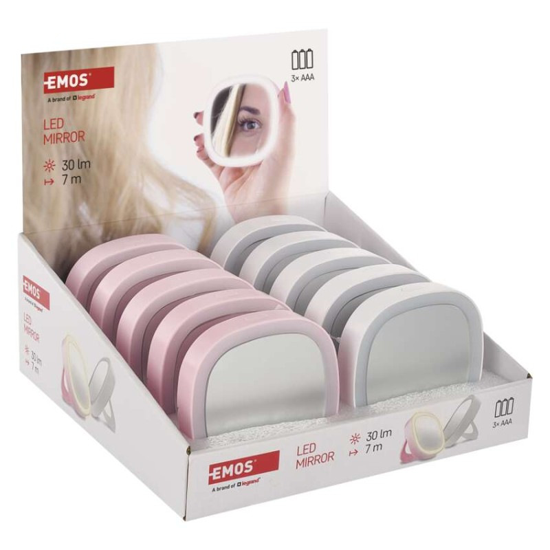 Vreckové kozmetické zrkadlo s LED svetlom, 10 ks, display box 1