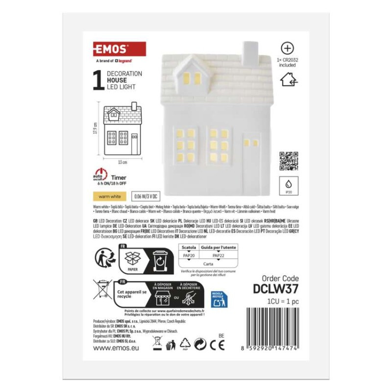 LED keramický domček, 18 cm, 1x CR2032, vnútorná, teplá biela, časovač 7