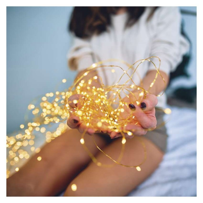 LED nano reťaz so solárnym panelom, medená, 12 m, vonkajšia aj vnút., teplá biela, časovač 6