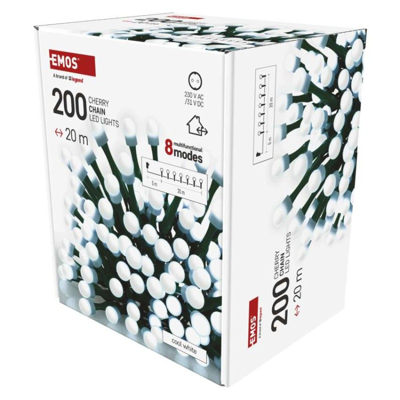 LED vianočná cherry reťaz–guličky,20 m,vonkajšia aj vnútorná,st. biela,programy,čas 3