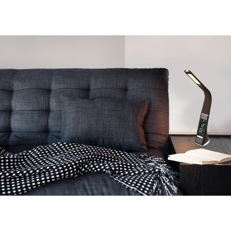 Stolová lampa, plast, šedá, chróm, s hodinami a budíkom, flexo, zmena farby svetla, CCT 3000-4500-58 1