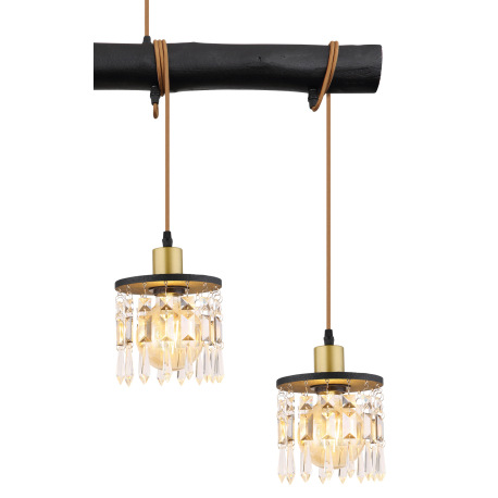 Závesné svietidlo, mosadz, drevo čierne, sklenené krištále, textilný kábel hnedý, nastaviteľná výška 6