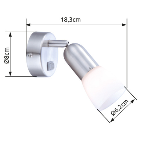 Nástenné svietidlo, kov, nikel matný, sklo biele, vypínač, ŠxV: 70x175, H: 195, bez žiarovky 1xE14, 1