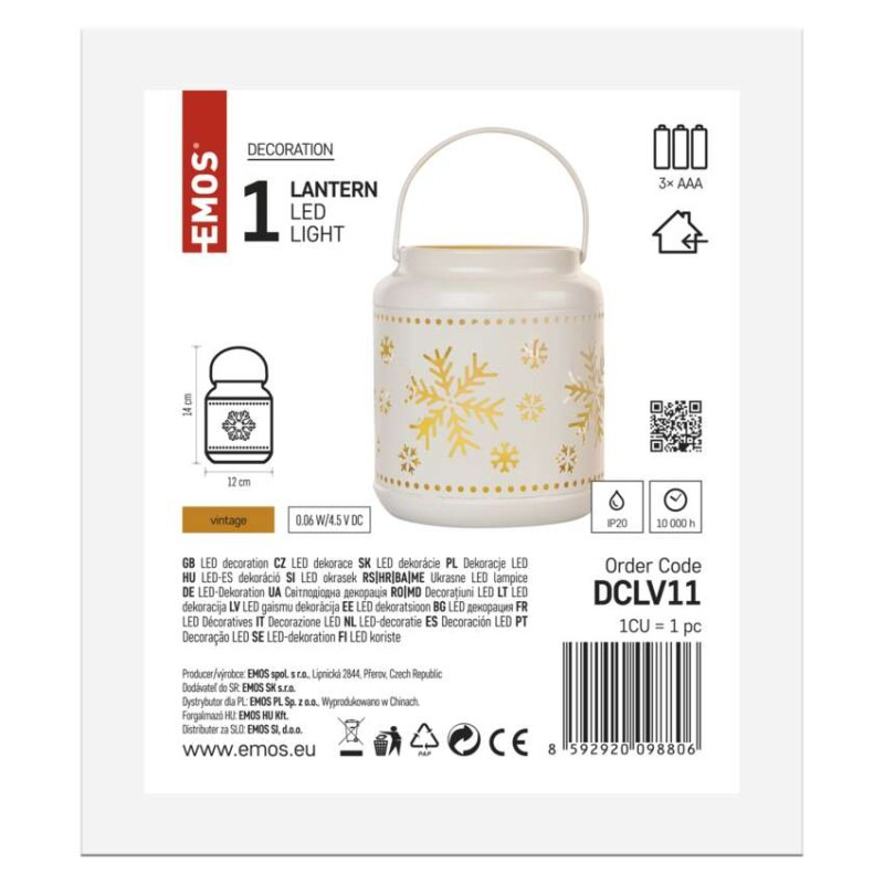 LED dekorácia – lampáš s vločkami kovová biela, 14 cm, 3x AAA, vnútorná, vintage 5