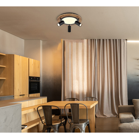 Stropné svietidlo kov čierny, MDF, imitácia tmavého dreva, plast biely, prepínanie funkcií nástenným 12