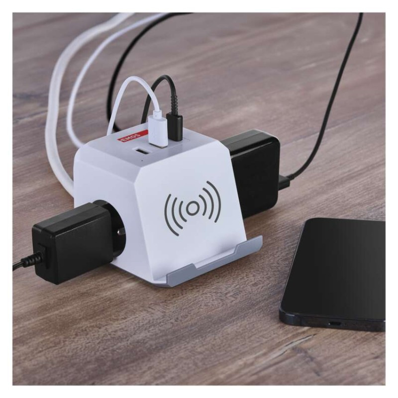 Predlžovací kábel - kocka 2 m / 2 zásuvky / biely / 2×USB-A + 1×USB-C+Qi / 1,5 mm2 5