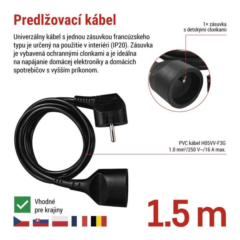 Predlžovací kábel 1,5 m / 1 zásuvka / čierny / PVC / 1 mm2 2