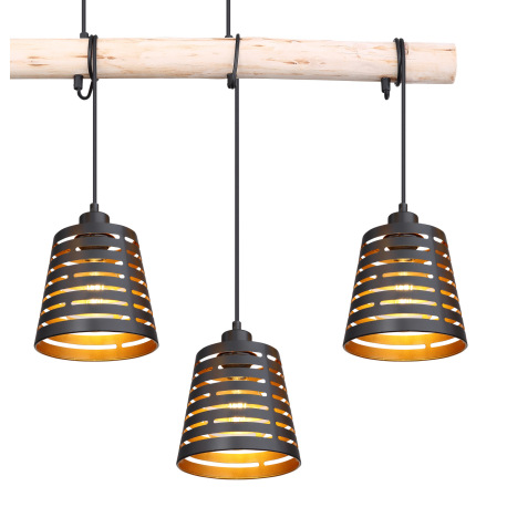 Závesné svietidlo, drevo, kov čierny a zlatý, DxŠxV: 850x170x1200, bez žiaroviek 4xE27, max. 60W 230 7