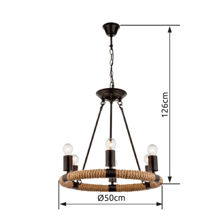 Závesné svietidlo, kov, čierna, hnedé konopné lano, Ø: 500, V: 1260, bez žiaroviek 6xE27, max. 40W 2 5