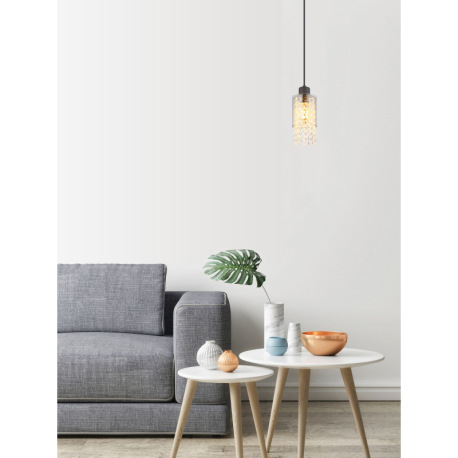 Závesné svietidlo kov čierny matný, sklo dymové, sklo kryštály číre, kábel PVC čierny, ø: 100mm, V: 1