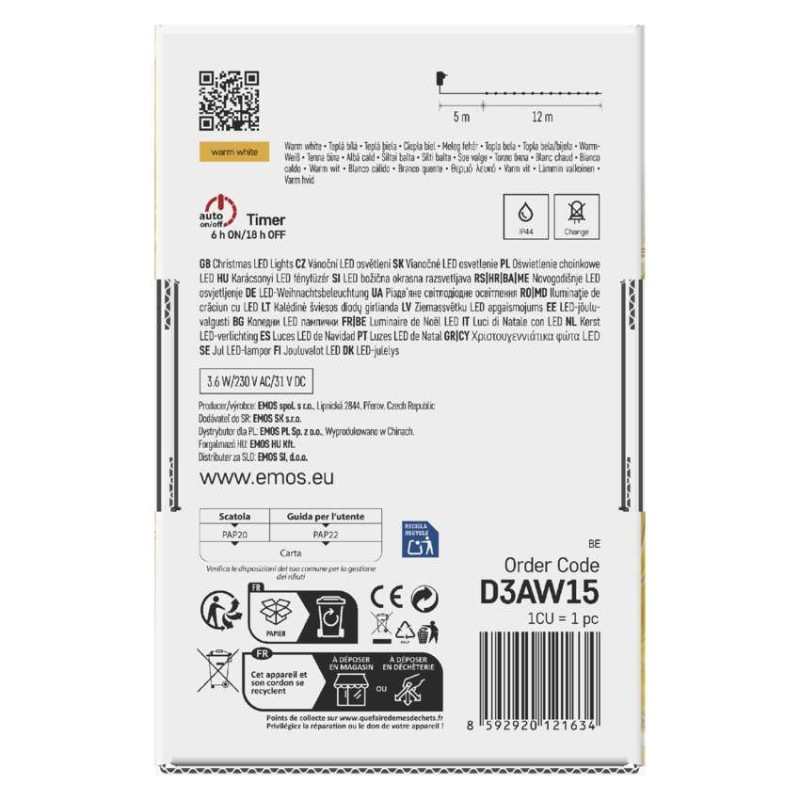 LED vianočná drop reťaz, 12 m, vonkajšia aj vnútorná, teplá biela, časovač 7