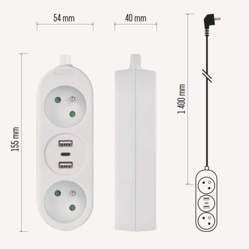 Predlžovací kábel 1,4 m / 2 zásuvky+2×USB-A+1×USB-C / biely / PVC / 1,5 mm2 13